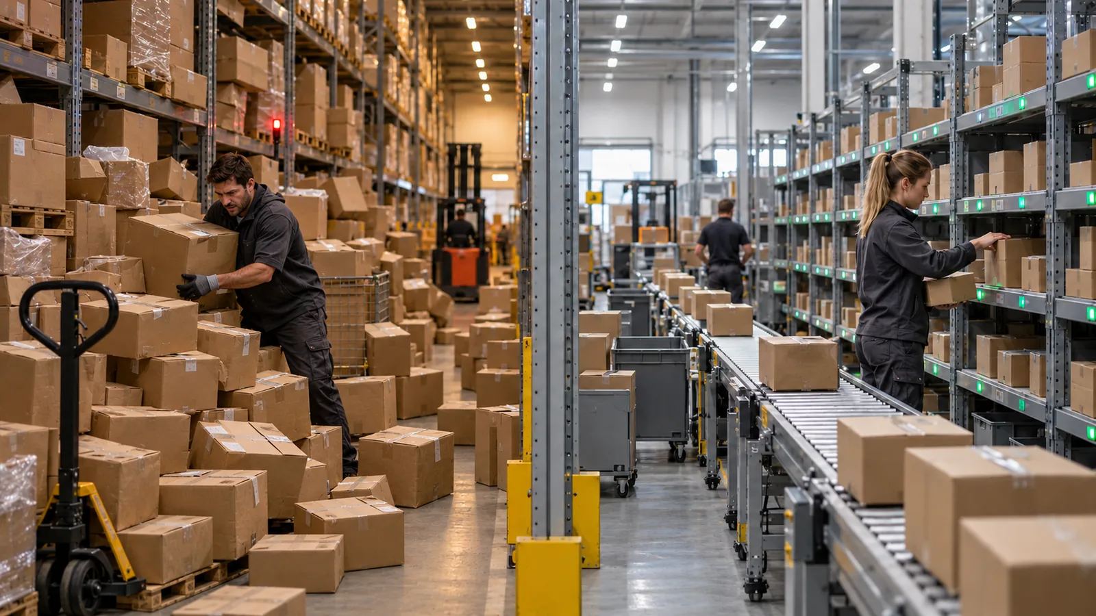 Delad bild av en lagergång – ena sidan med paket som blockerar gången och en medarbetare under press, den andra med varor i flöde genom ett pick to light-system – illustrerar skillnaden mellan ett oförberett och ett förberett lager under högsäsongen.