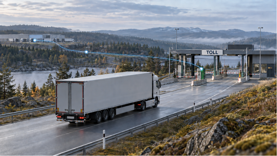 Illustrasjon som viser at opplysninger om transport og varer skal meldes digitalt til Tolletaten før vogntoget når grensen eller tollstasjonen.