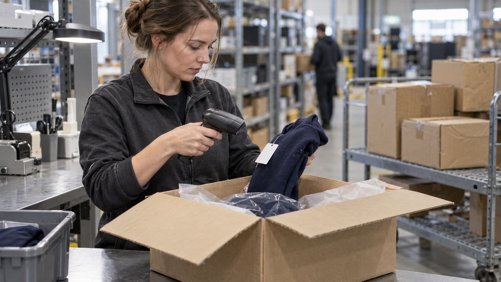 En medarbeider kontrollerer og registrerer en returnert vare før den godkjennes som salgbar, med flere returer klare til behandling i bakgrunnen.